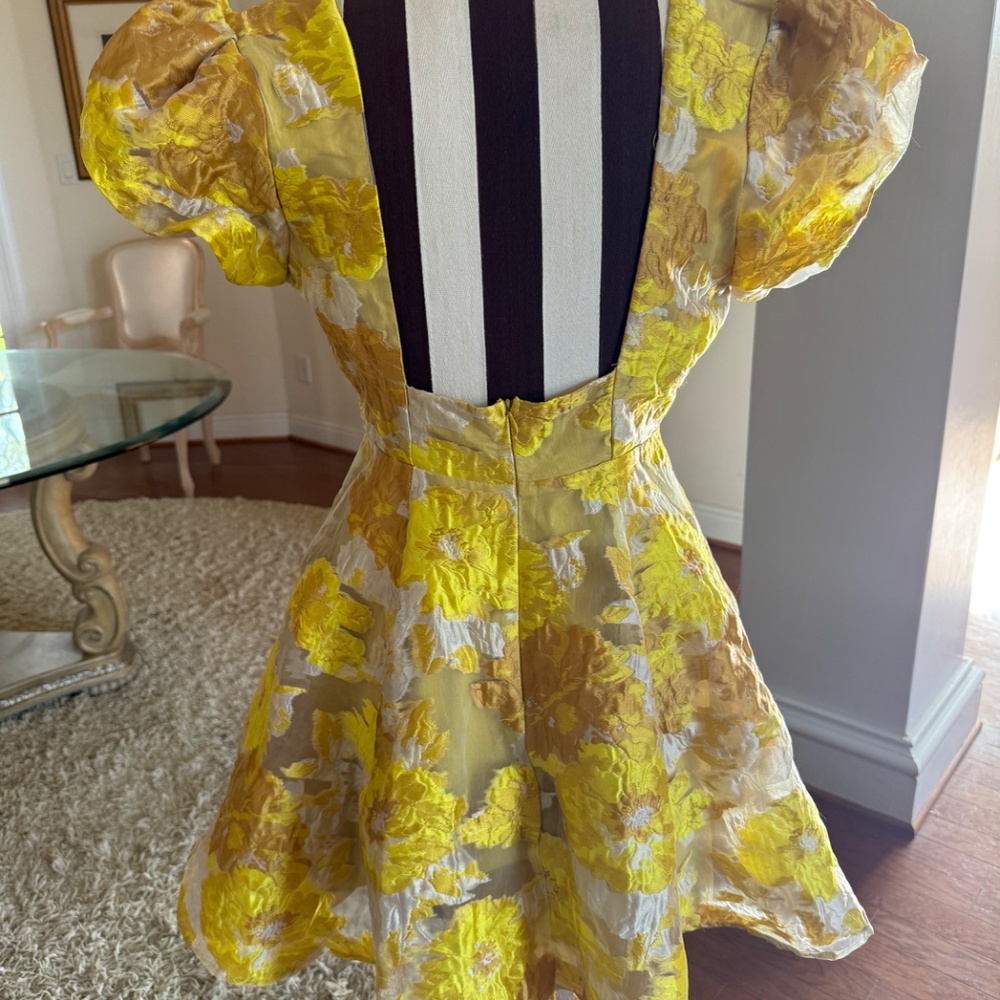 Showpo Brailey Jacquard Puff Sleeve Mini Dress Yellow Floral 6 NWT Babydoll - Picture 2 of 12